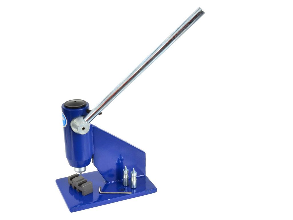 A blue bicycle chain tool with a silver lever is shown against a white background.