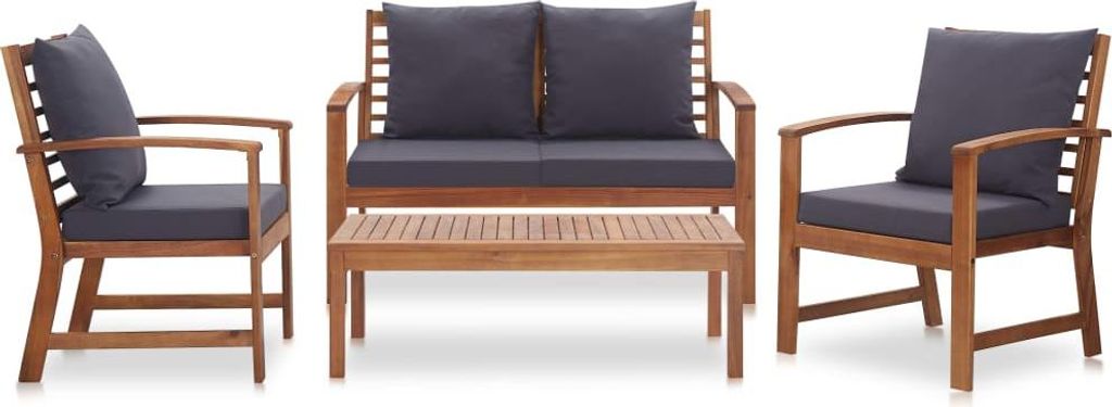 A three-piece wooden outdoor furniture set with dark gray cushions, including a two-seater sofa, a single armchair, and a coffee table, displayed against a white background.