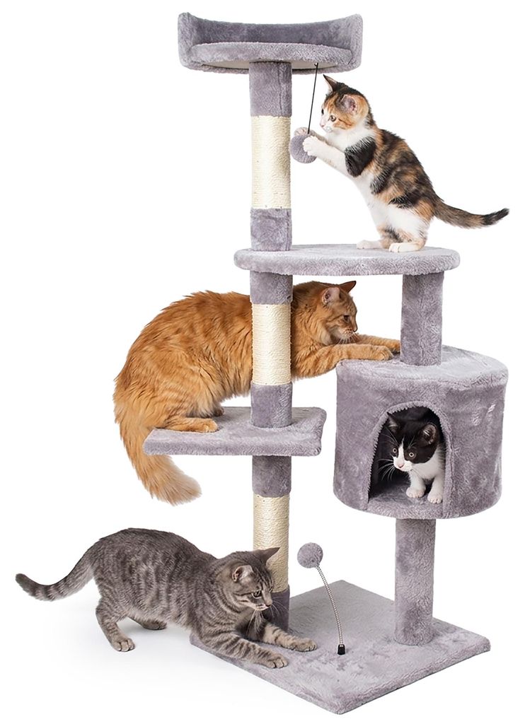 Kratzbaum für Katzen 112 cm, 5 Ebenen, mit Kuschelhöhle und Liegefläche, modernes Design in Grau
