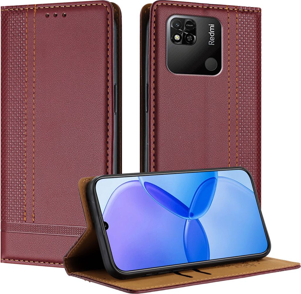 Handyhülle für Xiaomi Redmi 10A /Redmi 9C Leder Flip Klappbare Schutzhülle mit Standfunktion Dunkelrot