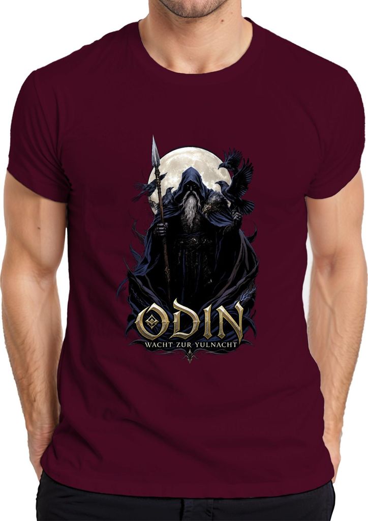 ODIN WACHT ZUR YULNACHT Wikinger Weihnachten Raben Vollmond Nordisch Herren T-Shirt, Burgundy, XXL