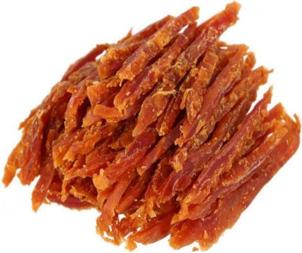 A pile of dried duck strips for dogs.