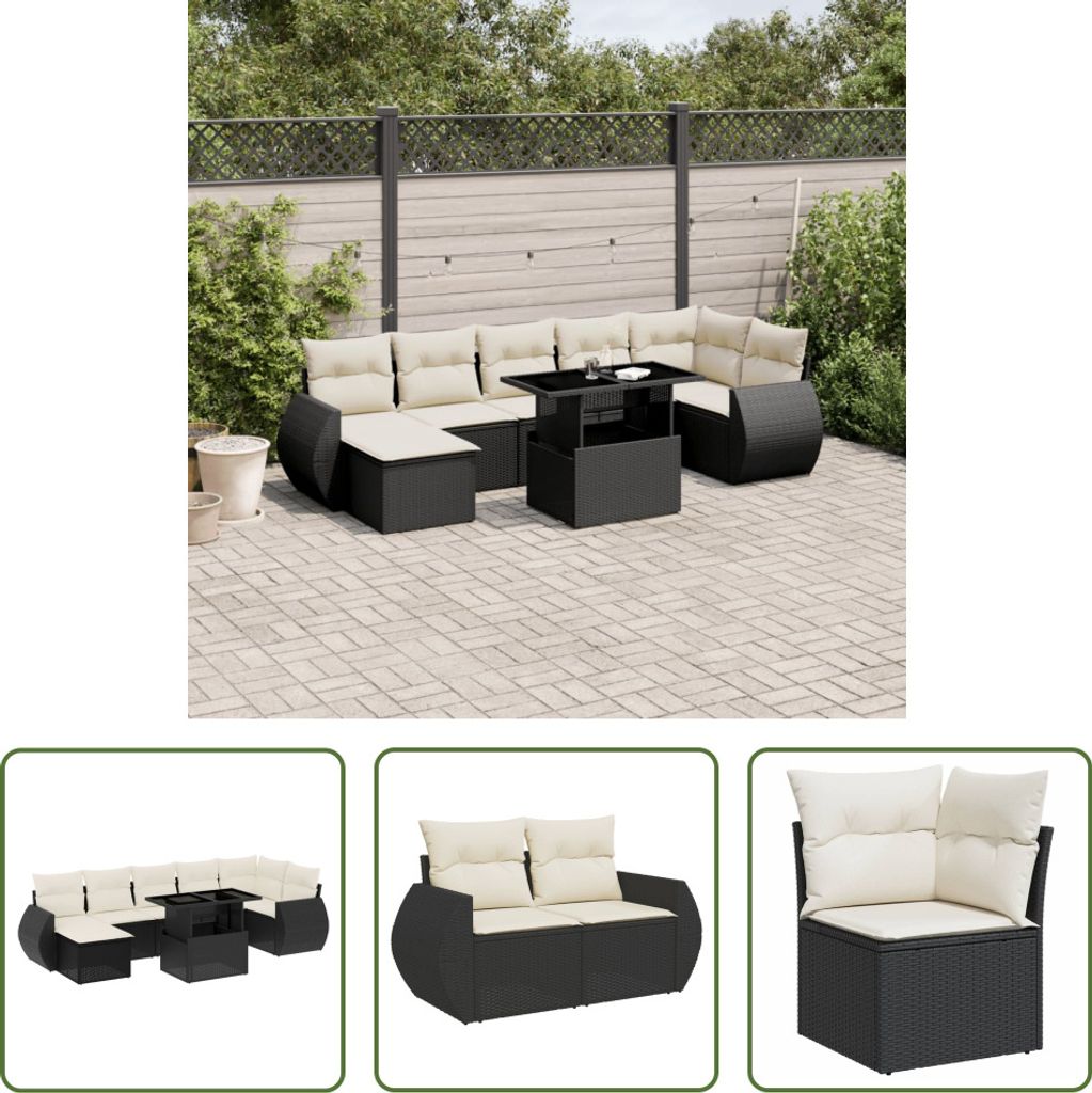 The Living Store 8-tlg. Garten-Sofagarnitur mit Kissen Schwarz Poly Rattan