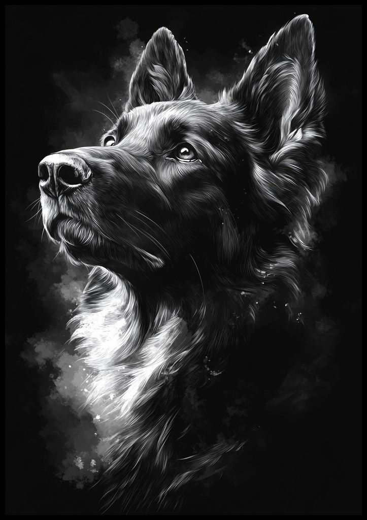 Plakat 70x100cm Porträt von Tieren für das Wohnzimmer | Schäferhund | Schwarz Weiß