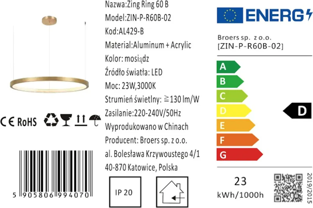Lustre LED 60cm Anneau Laiton Doré : Eclairage Puissant et Design