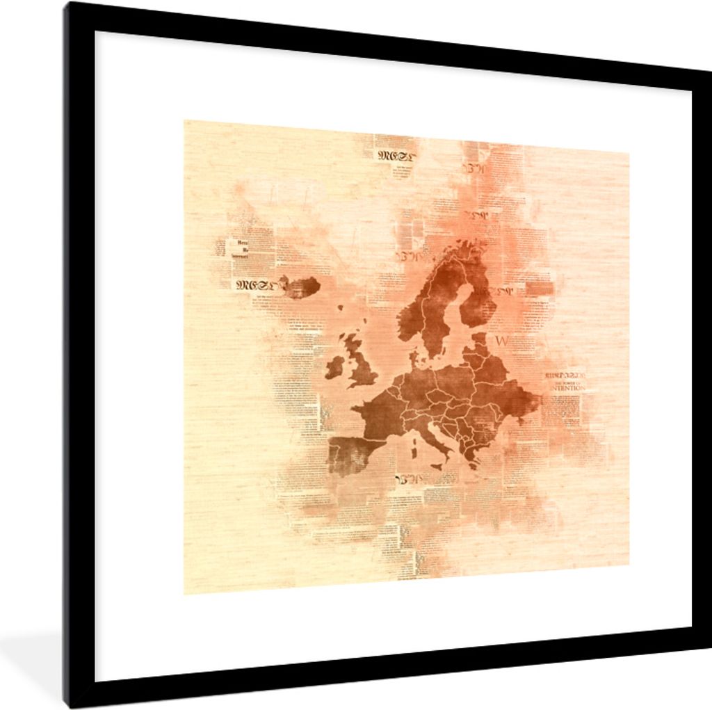 MuchoWow MuchoWow Gerahmtes Poster Europa-Karte - Aquarell - Braun - Zeitung 40x40 cm - Poster mit zchwarzem Bilderrahmen - Poster - Plakat im ...