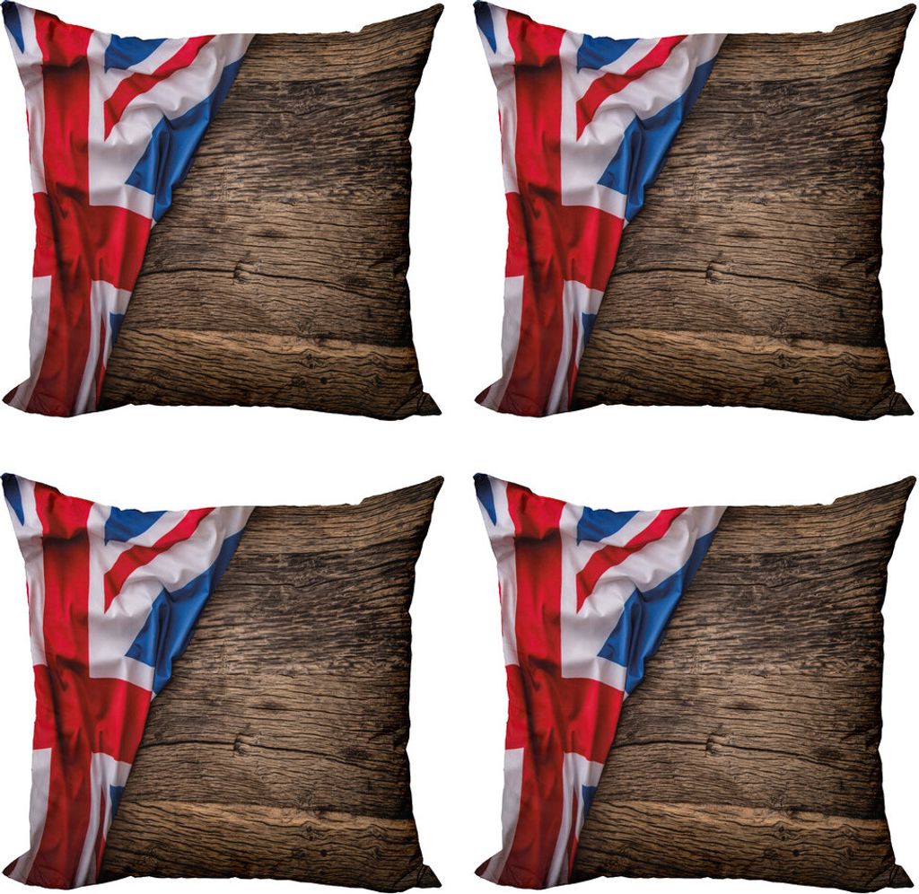 ABAKUHAUS Union Jack Kissenbezug Set (4 Stück), Flagge auf Eichenbrett, Moderner Doppelseitiger Digitaldruck, 60 cm x 60 cm, Mehrfarbig