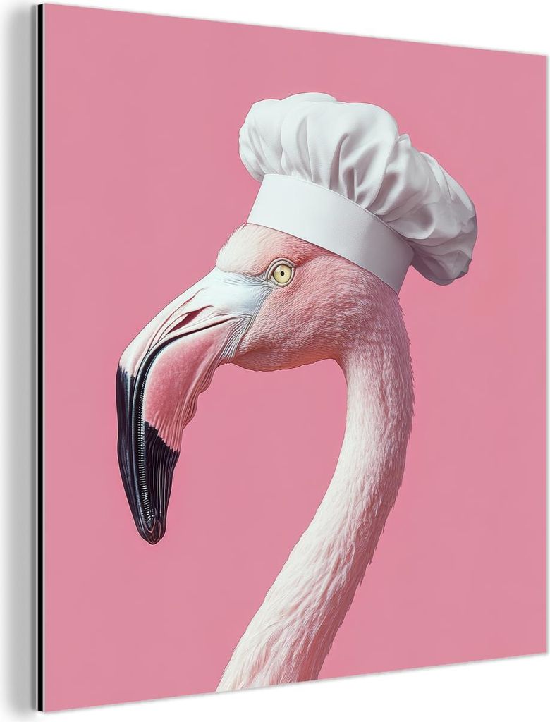 MuchoWow Wanddekoration Metall Metallbild Wandkunst 50x50 cm Flamingo - Rosa - Kochmütze - Vogel MuchoWow Aluminium Gemälde - Alubild - Industrial