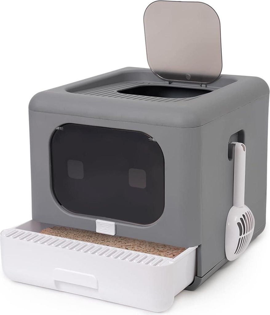 Faltbare Geschlossene Katzenbox Mit Deckel Vorder Tür Oben Einfache Reinigung Spritzwassergeschützt Katzenklo - Grau
