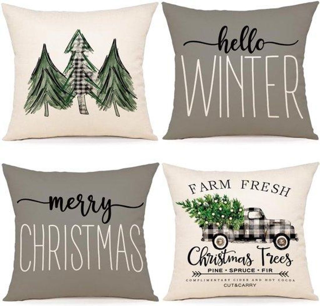 Kerstdeko-Set, 4 Stück, 45 x 45 cm, Grau, Indoor, Wohnzimmer, Schlafzimmer, Weihnachtskissen