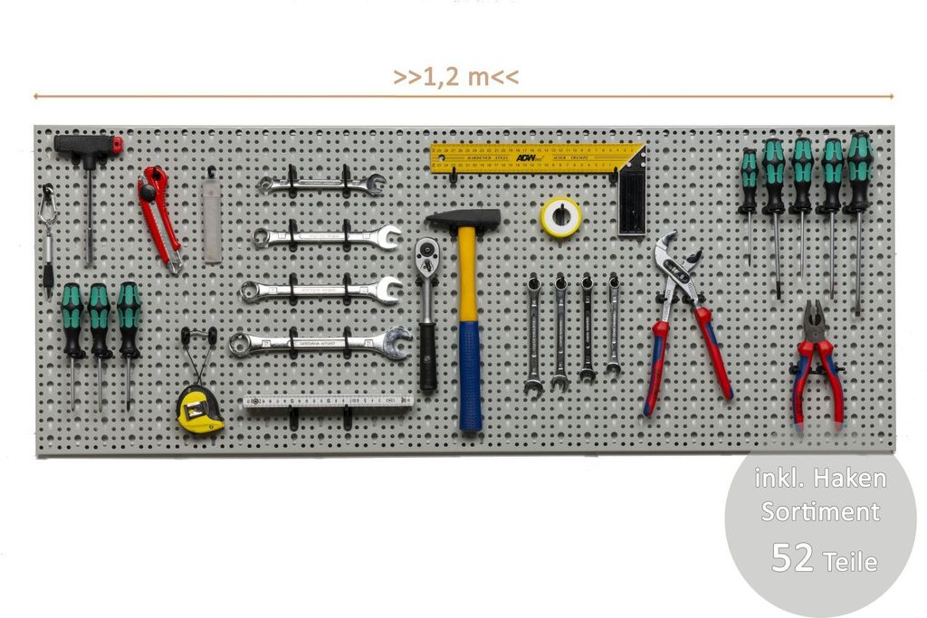 Kreher XXL Werkzeugwand, Lochwand aus Metall mit Hakensortiment 52tlg, 120x46 cm