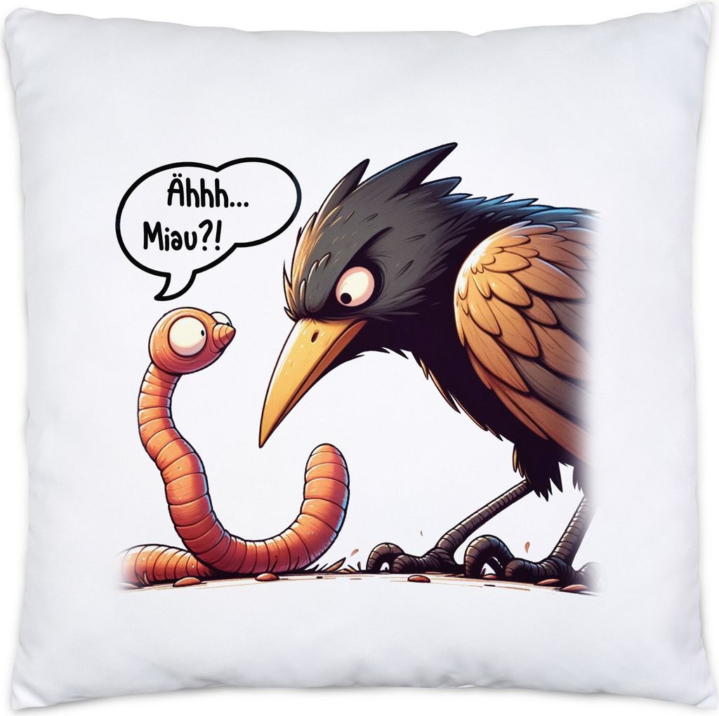 Ähh Miau?! Vogel und Regenwurm Kissen Inkl. Füllung - Humorvolles Präsent