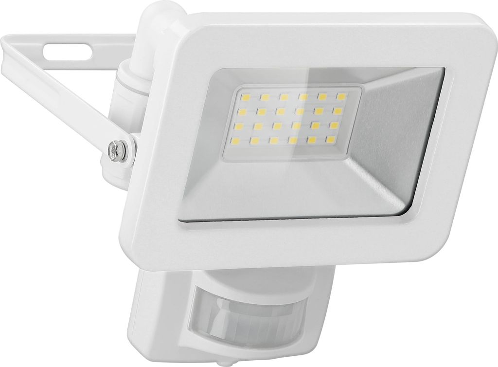 A white LED floodlight with a motion sensor is shown against a white background.