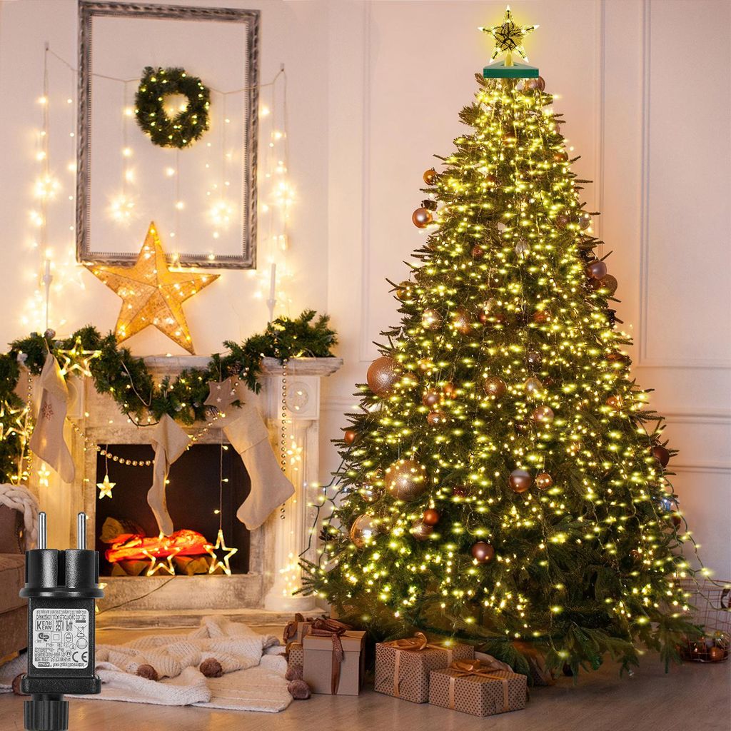2m LED Weihnachtsbaum Lichterkette mit Stern, Warmweiß 8 Lichtmodi Timer Wasserdicht Weihnachtsbeleuchtung für Weihnachten Party Garten Deko