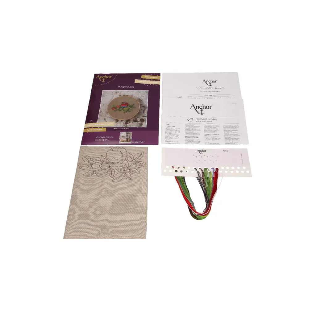 Pack broderie traditionnelle Anchor fleurs et oiseaux lin gris 20cm