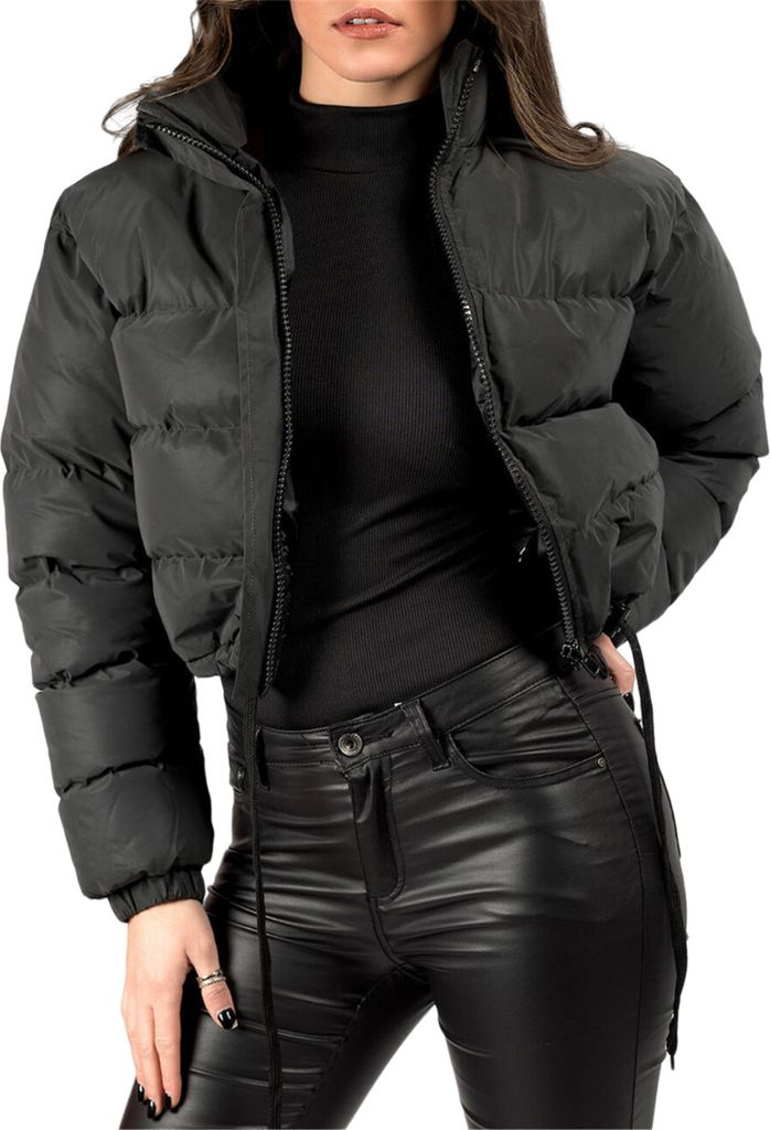 ASKSA Damen Puffer Jacke Kurz Stehkragen Gesteppte Cropped Dicke Winterjacke Outdoor, Schwarz, M