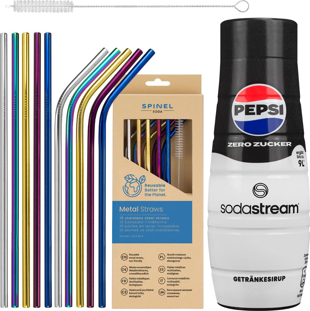 Sodastream Pepsi Max Sirup 440ml mit 10 Spinel Metallstrohhalmen Set