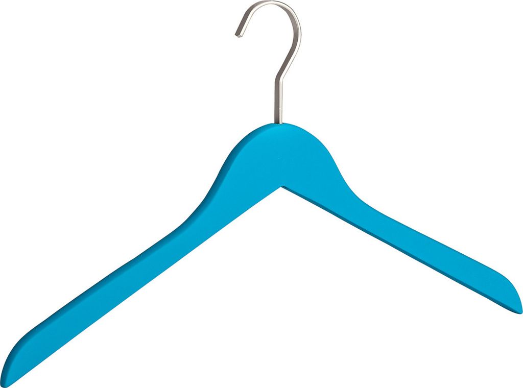 A blue clothes hanger with a silver hook against a white background.