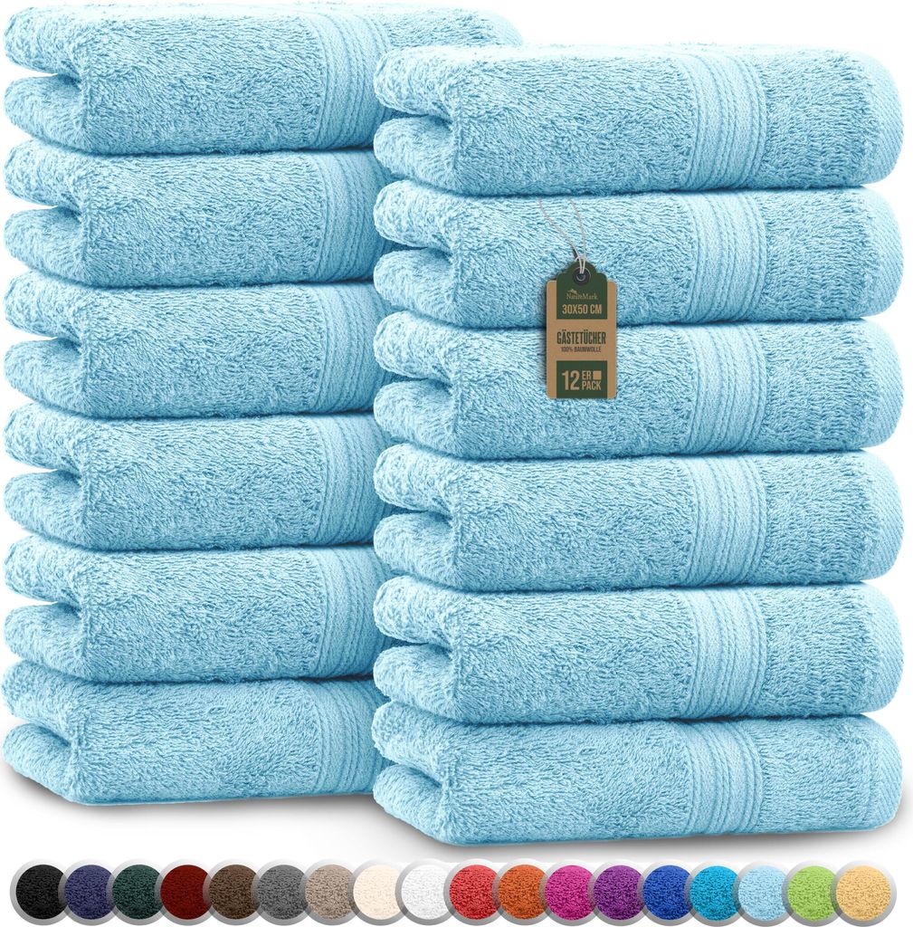 Frottier Gästetücher 12er Pack 30x50cm, 100% Baumwolle, Hell blau