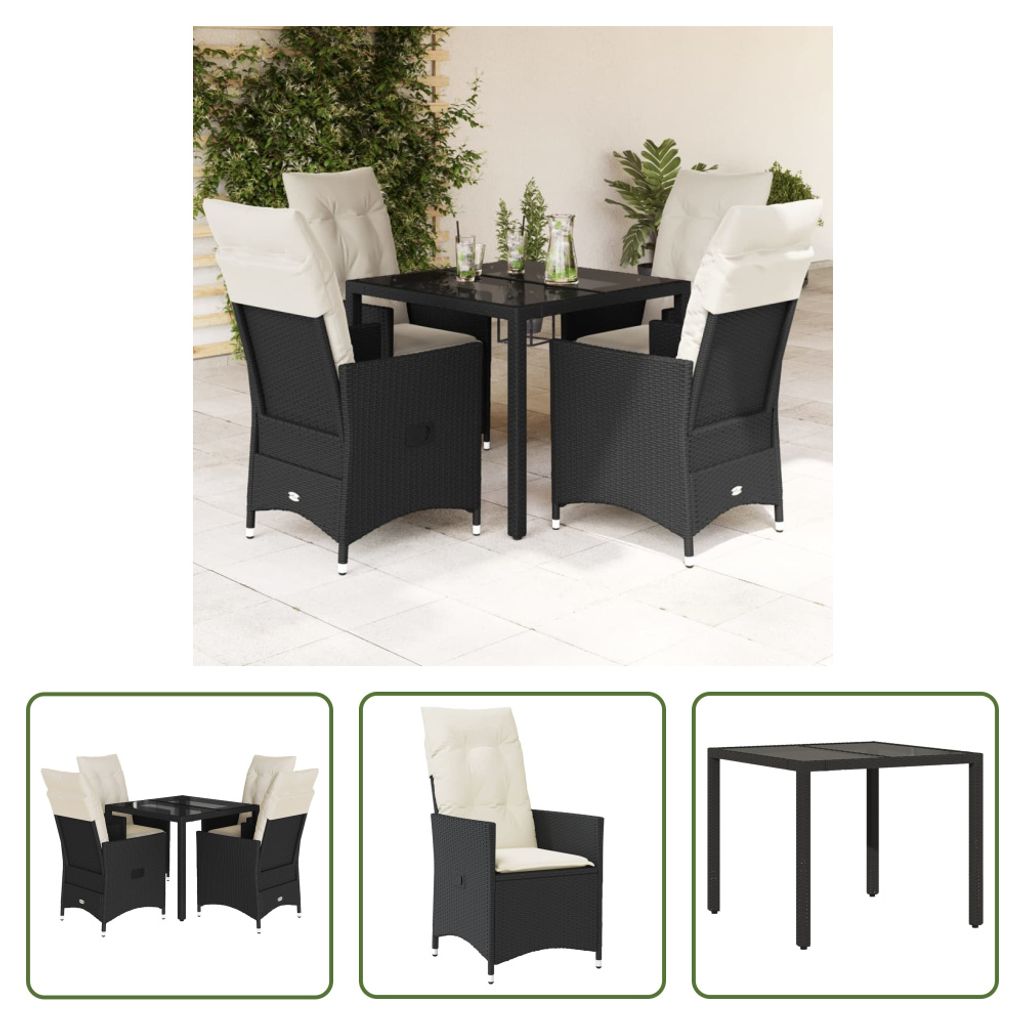 The Living Store 5-tlg. Garten-Essgruppe mit Kissen Schwarz Poly Rattan