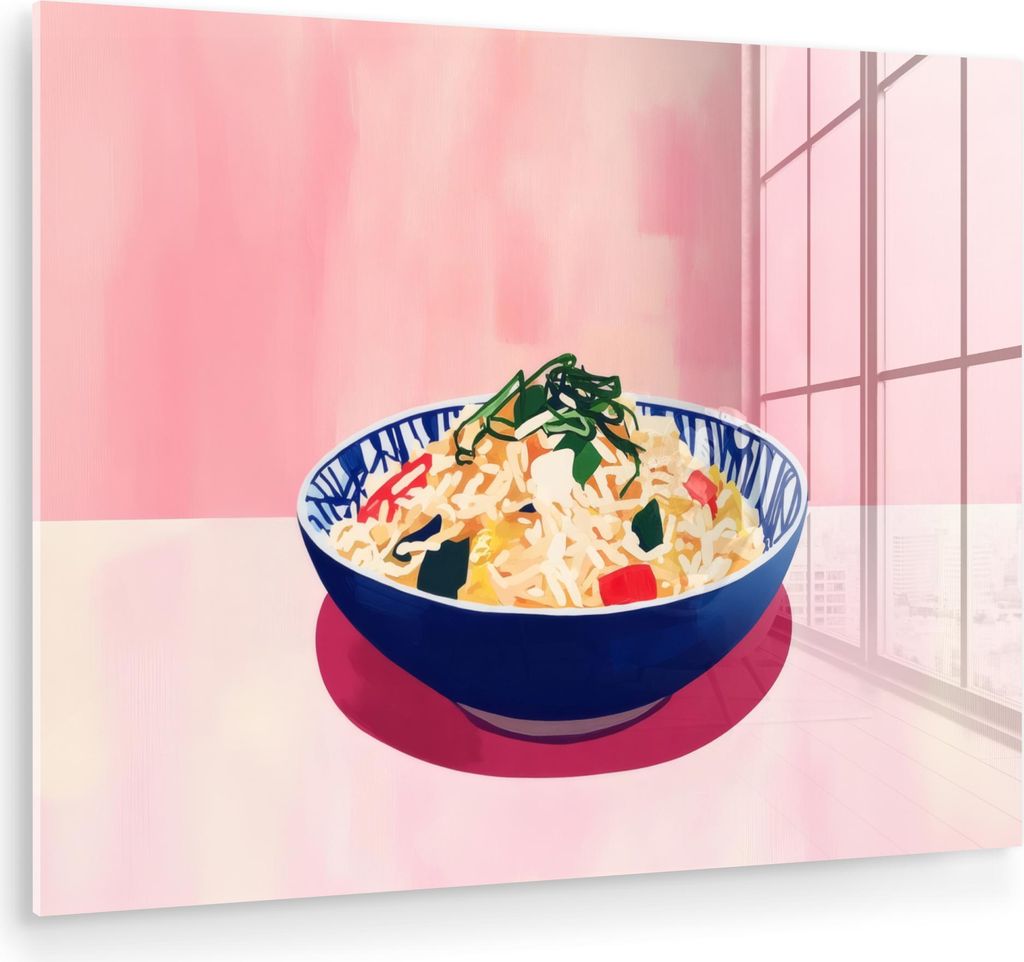 MuchoWow Glasbilder - Bilder auf Wandbild - Foto auf Glas Reis - Illustration - Schüssel - Gemüse 40x30 cm Wanddekoration aus Glas - Acrylglasbil...