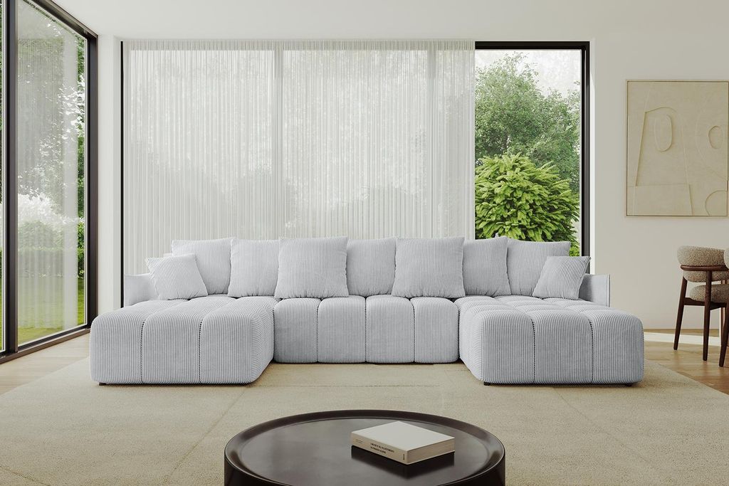 ALTDECOR Ecksofa in U-Form mit Schlaffunktion und Bettkasten LONLI-U 355x189x68 cm Grau - Corner Sofa Bett Eckcouch Couch L-Form Schlafcouch Auszie...