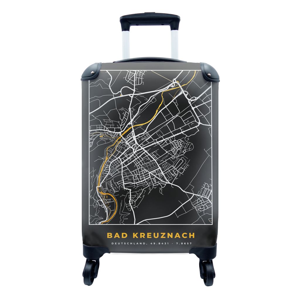 MuchoWow Koffer Handgepäck Trolley Rollkoffer Kleine Reisekoffer mit 4 Rollen - Deutschland - Schwarz und Gold - Bad Kreuznach - Stadtplan - Kar...