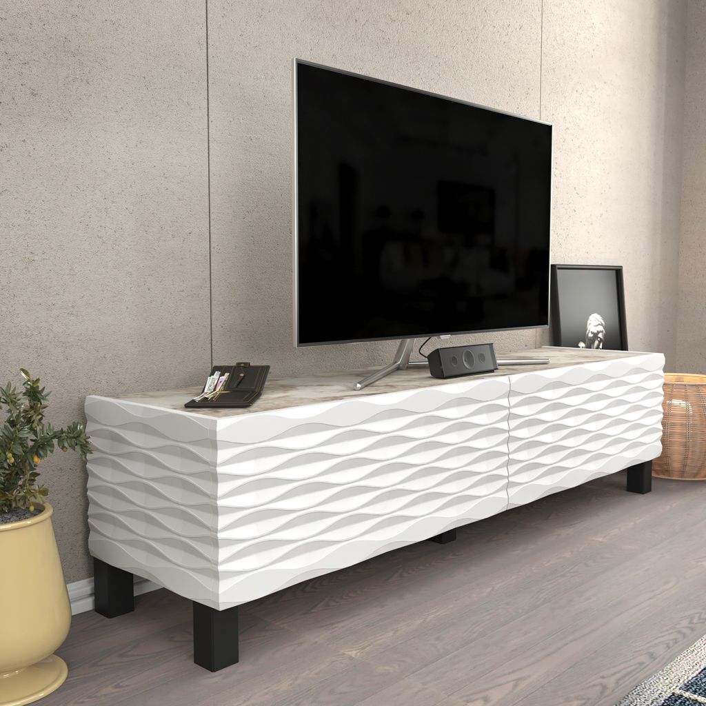 Decorotika Lerze TV-Ständer für TVs bis zu 64" | Weißer Marmor-Effekt & Weiß