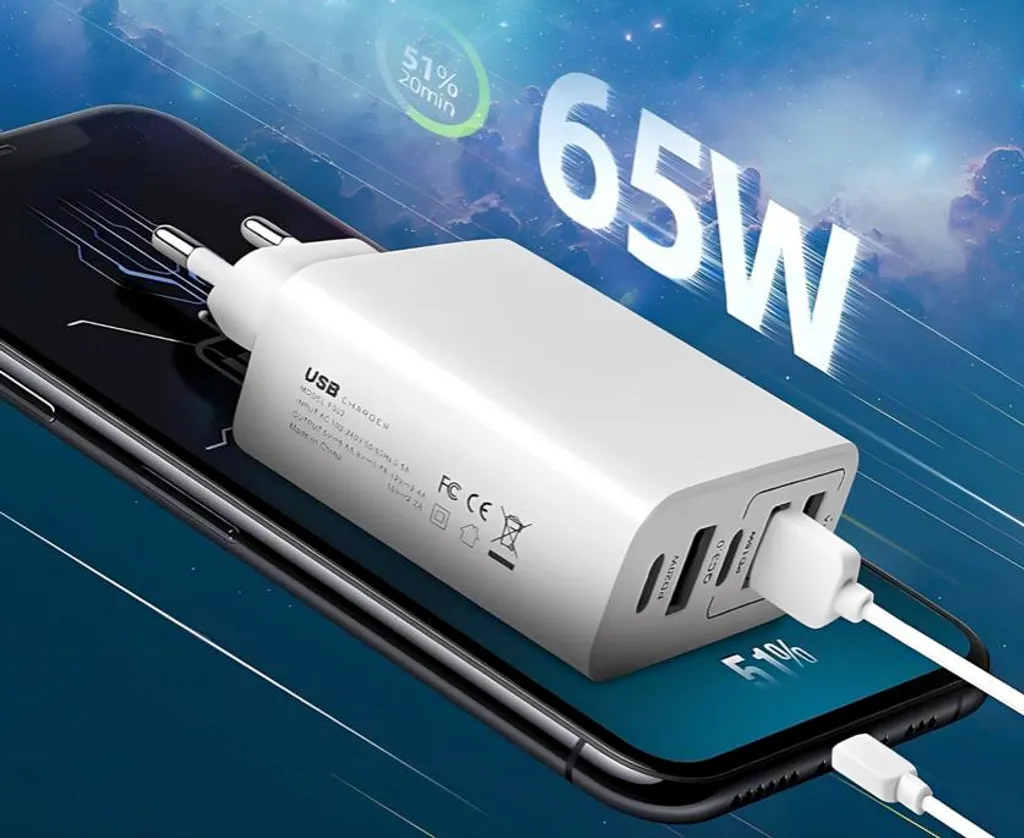 Chargeur rapide 65W GaN Cube PD 3.0 et QC 3.0 polyvalent à 5 sorties USB - 10