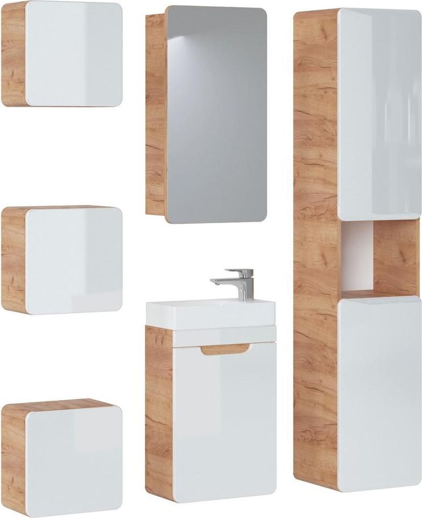 Design Badezimmer Möbel Bad 6tlg. Set Garnitur Schrank Waschbecken Beleuchtung