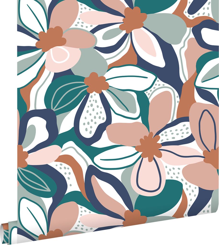ESTAhome Tapete Blumenmuster Hellrosa, Terrakotta und Blau 50 x 900 cm