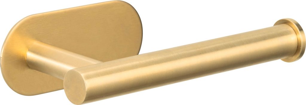 A gold-colored toilet paper holder mounted on a wall.