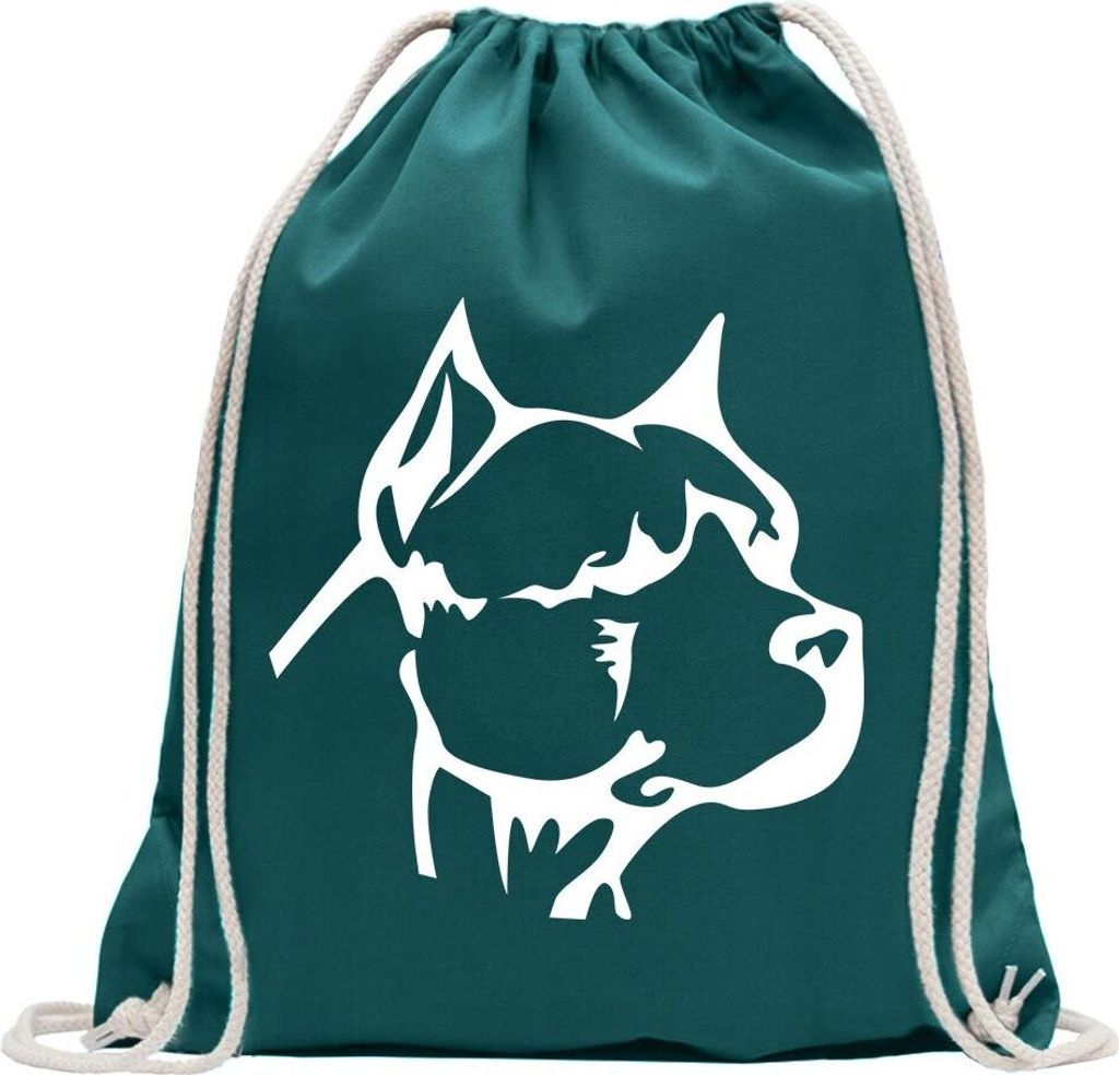 Kiwistar - Turnbeutel - petrol - Pitbull Kopf - Fun Rucksack Sport Beutel Gymsack Baumwolle mit Ziehgurt
