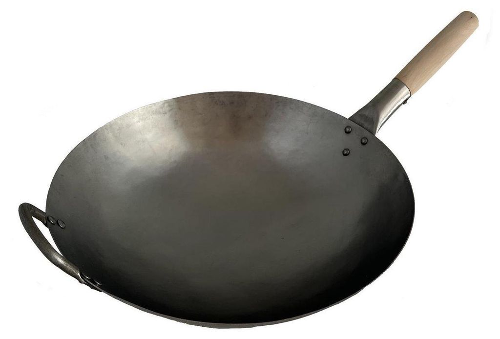 WOK PFANNE 40 cm runder Boden (Gas) mit Holzstiel und Produktbild 