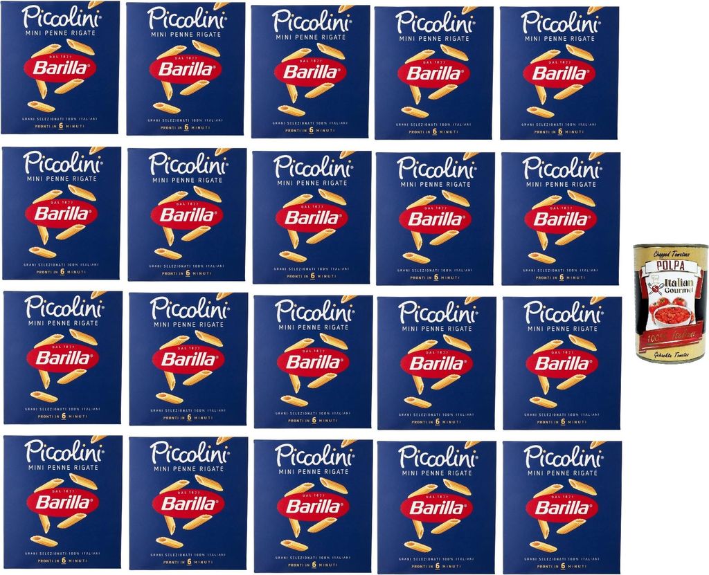 Barilla Pasta Piccolini Mini Penne Rigate, pasta 100% italian, 20x 500g + Italian Gourmet polpa 400g