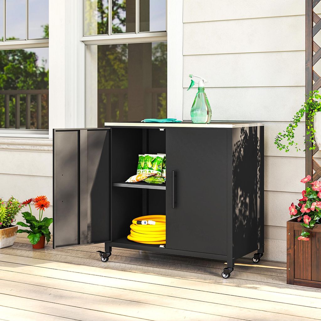 Gartenschrank mit Pflanztisch, Geräteschrank Metall, Werkzeugschrank, Schwarz | 80x50x90 cm | Edelstahl-Arbeitsplatte, Magnetregal, Doppeltür | R...