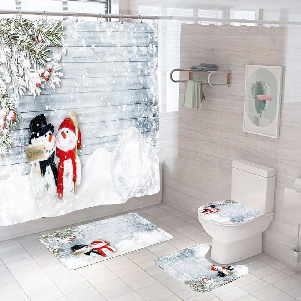 Rideau de douche Noël antidérapant avec motif bonshommes de neige