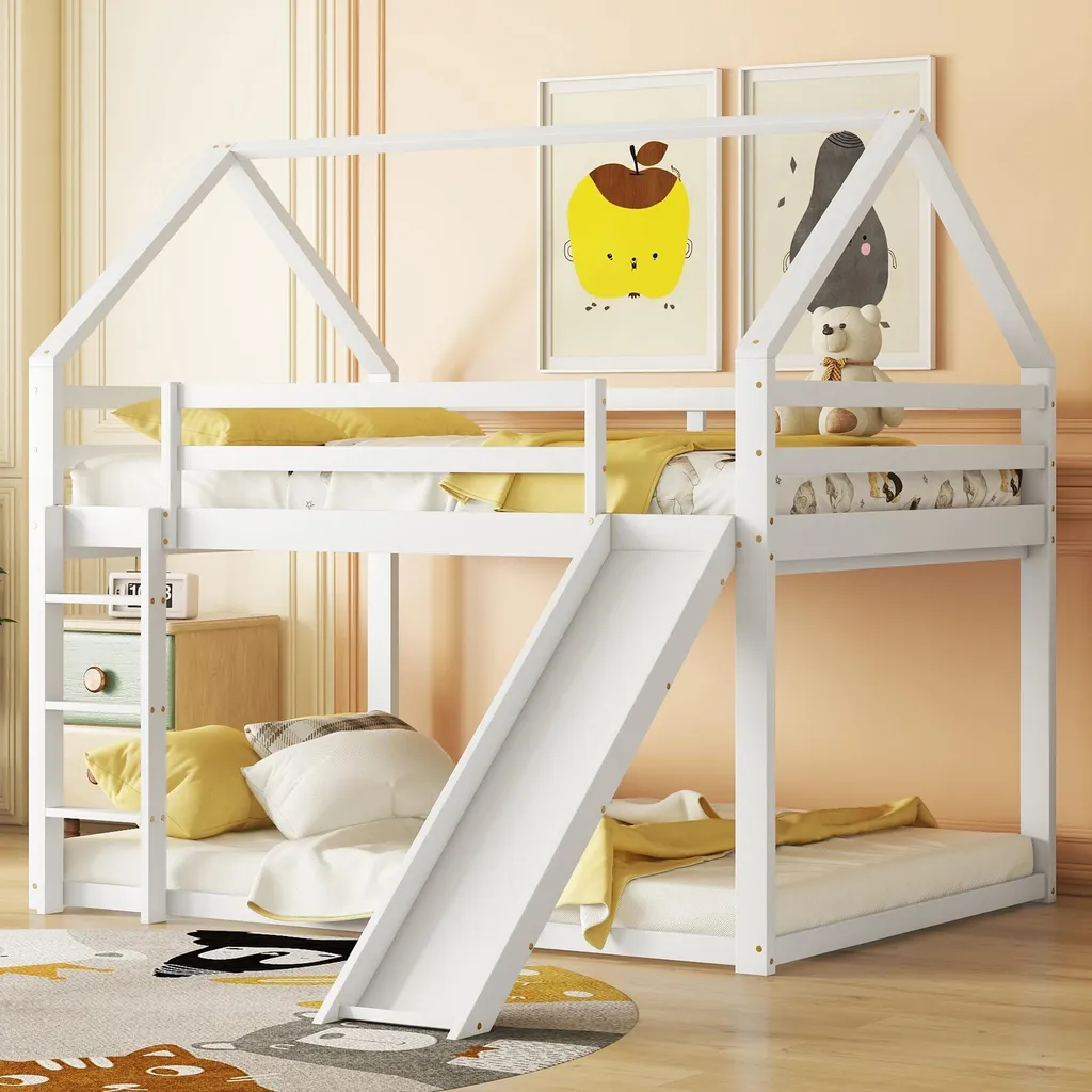 Lit superposé 140x200cm blanc avec toboggan et échelle pour enfant