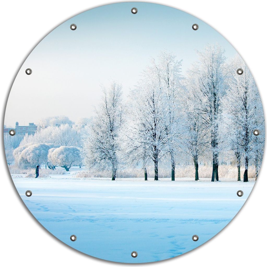 Wallario rundes Outdoor-Poster für Garten oder Balkon, Motiv Verschneite Bäume in einer Winterlandschaft, 90 cm Durchmesser