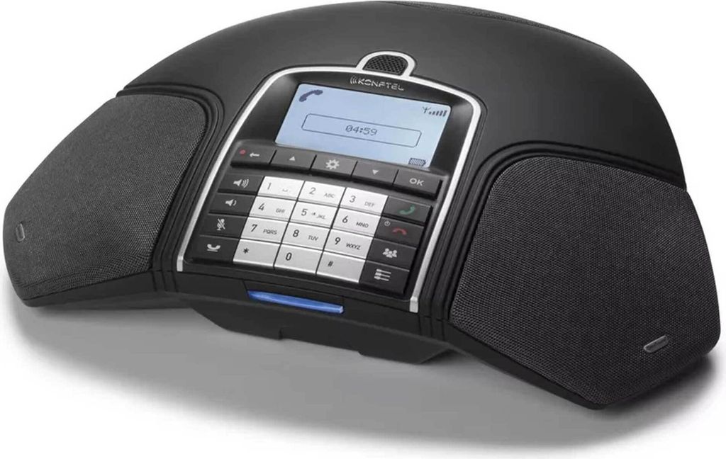 A black conference phone is shown from a slightly elevated front-left angle on a white background.
