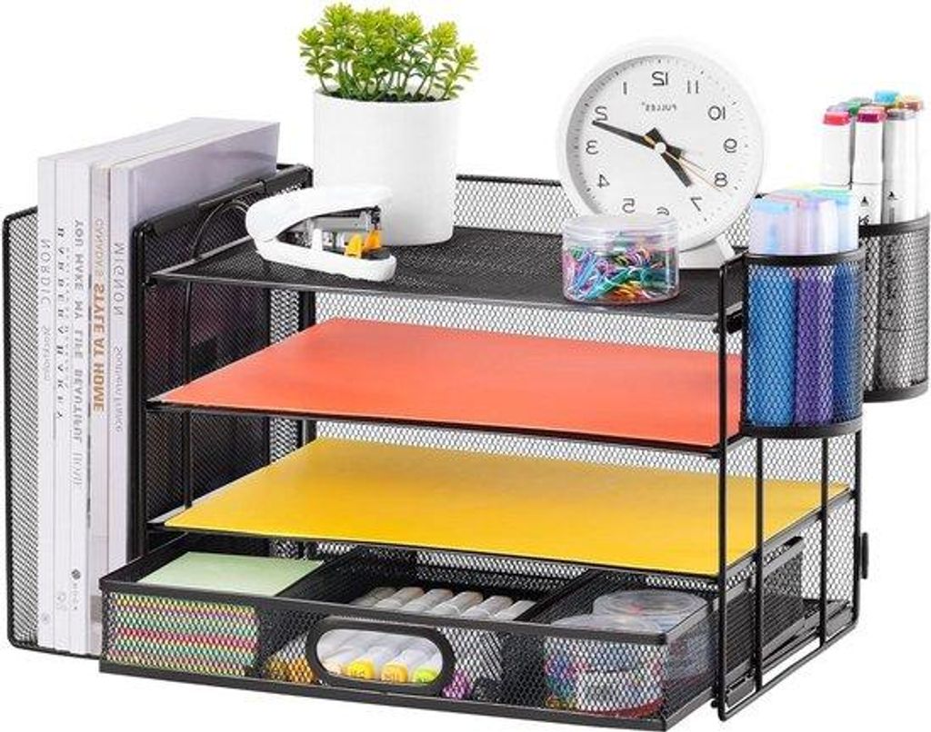 Schreibtisch-Organizer mit 4 Stufen, Ladeteller und Kugelschreiberhalter - multifunktioneller Papiertray-Organizer für Heim-Office - schwarz