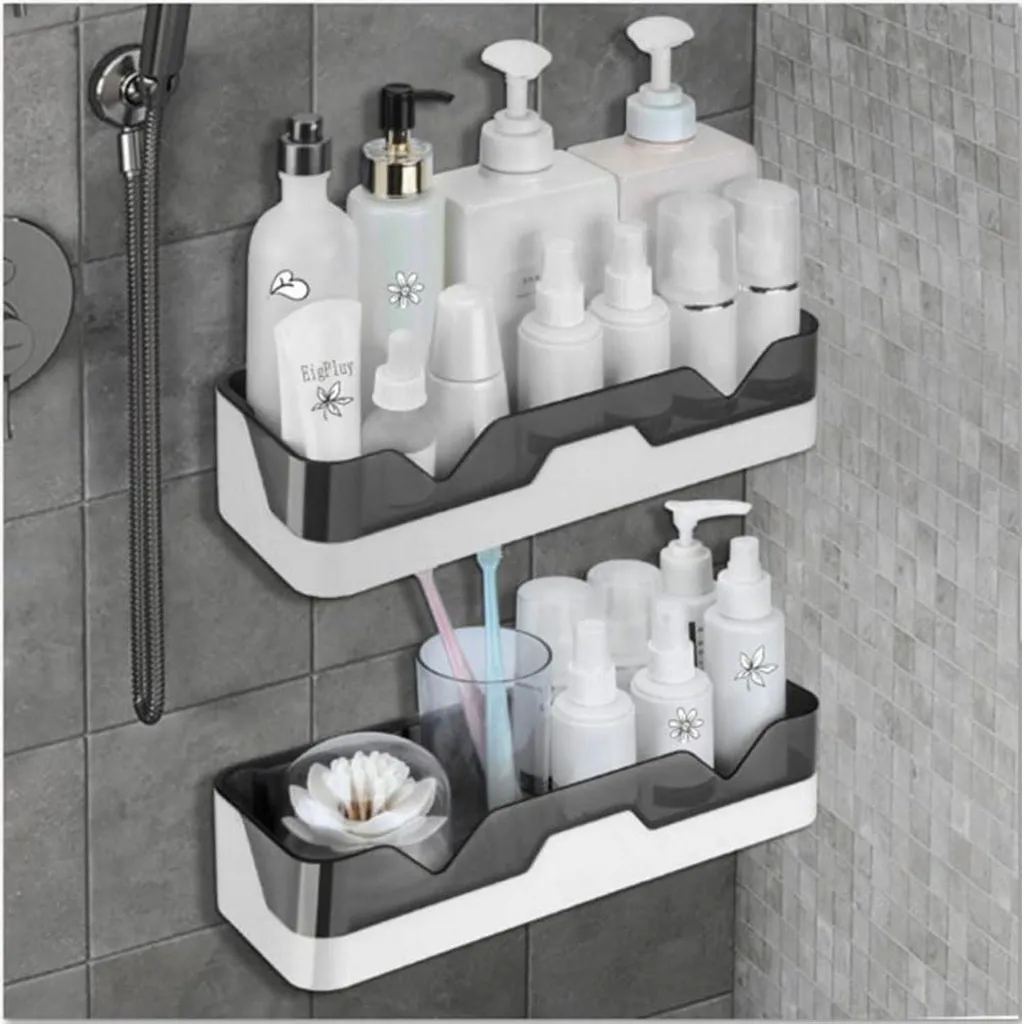 Serviteur de Douche Mural à Coller Set de 2 Tablettes de Rangement Gris - 5