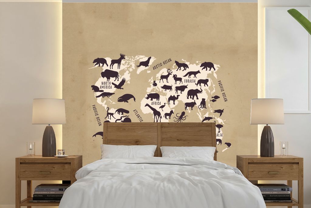 MuchoWow Fototapete für Wohnzimmer oder Schlafzimmer Wandtapete Vinyl Motivtapete Weltkarte Kinder - Tiere - Braun - 220x220 cm - Tapeten
