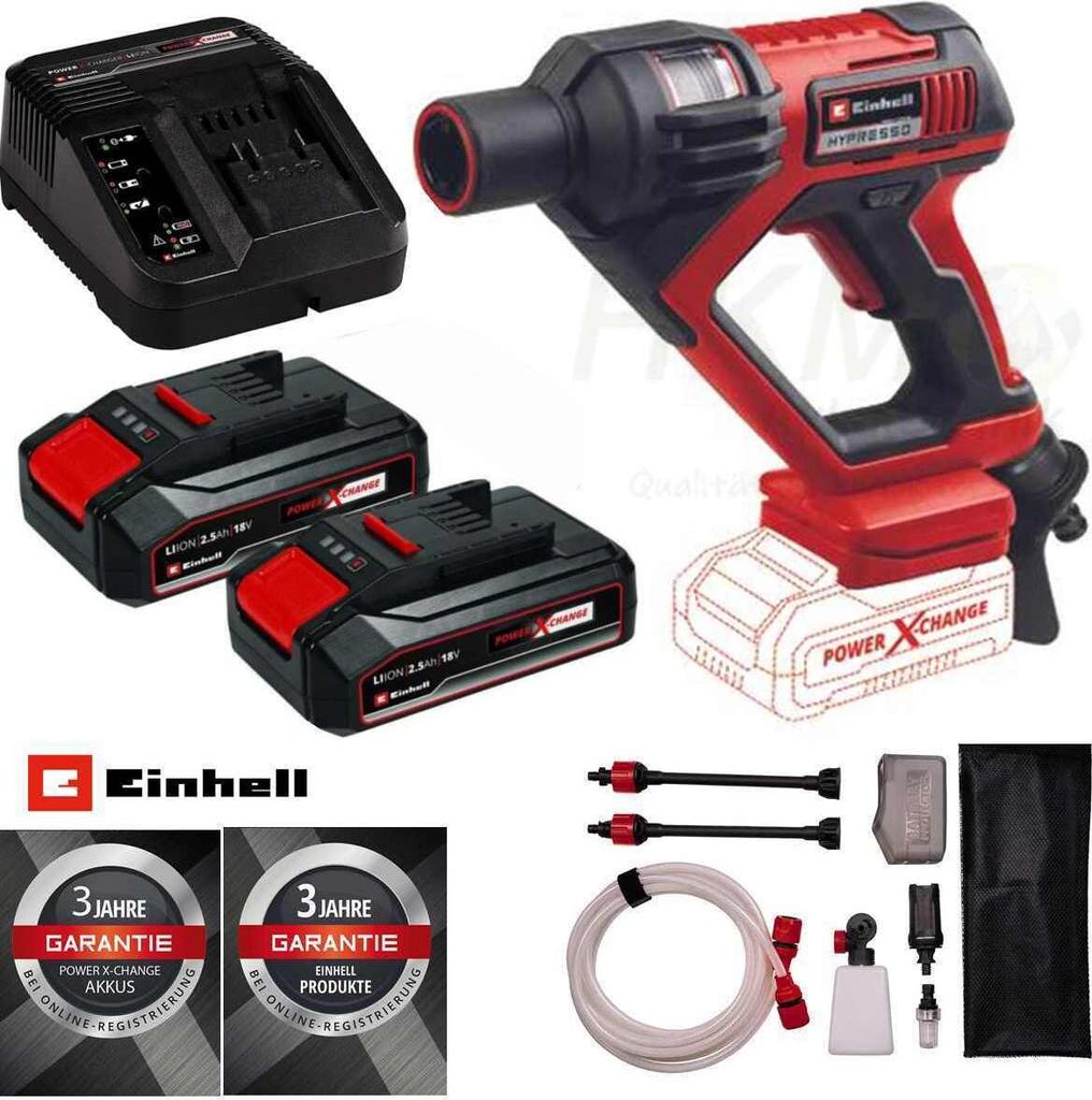 A collection of Einhell power tools and accessories, including a pressure washer gun, batteries, charger, and hose, arranged on a white background.