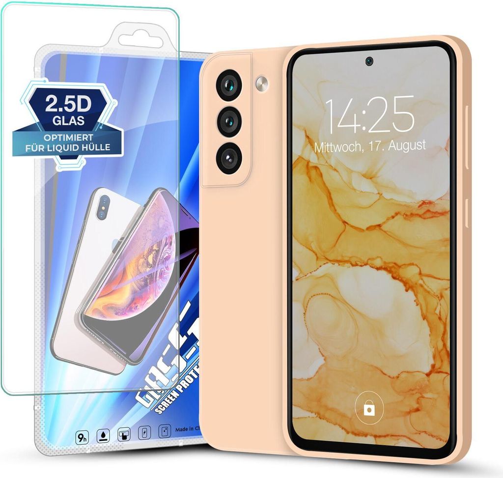 Hülle für Samsung Galaxy S22 mit 9H Displayglas Displayschutz Plus Case Cover Bumper Silikon Softgrip Schutzhülle Farbe: Rosa