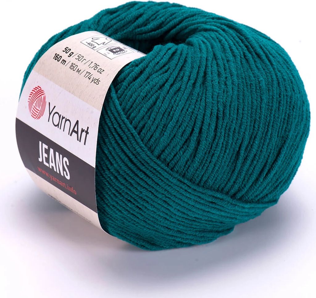 A ball of teal yarn with a label.