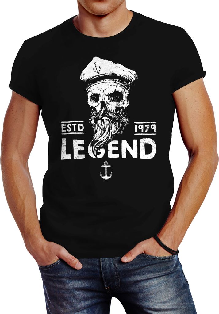 Herren T-Shirt Skull Captain Legend Totenkopf Bart Kapitän Slim Fit Neverless schwarz M