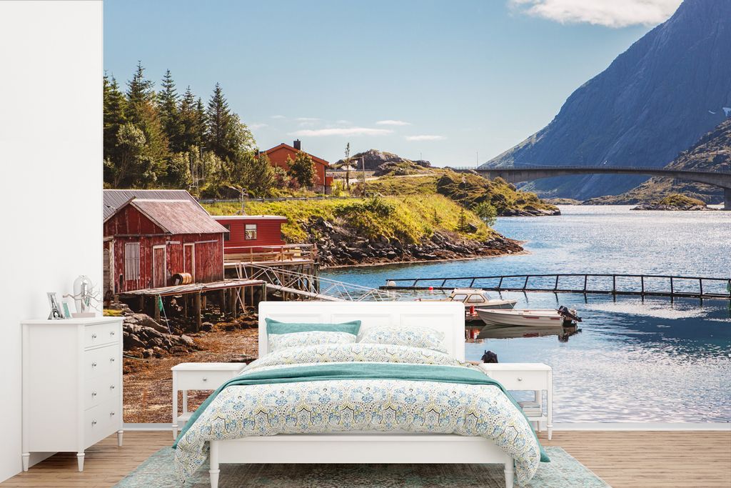 MuchoWow Fototapete für Wohnzimmer oder Schlafzimmer Wandtapete Vinyl Motivtapete Fluss fließt an Bergen vorbei - 360x240 cm - Vinyl-Tapete