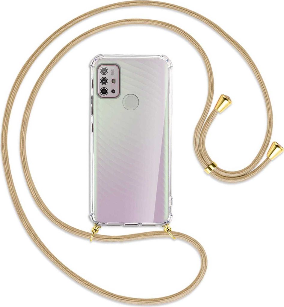 Handykette Backcover-Schutzhülle mit Band (Metall goldfarben) für Motorola Moto G10 (Power), G20, G30 - caramel