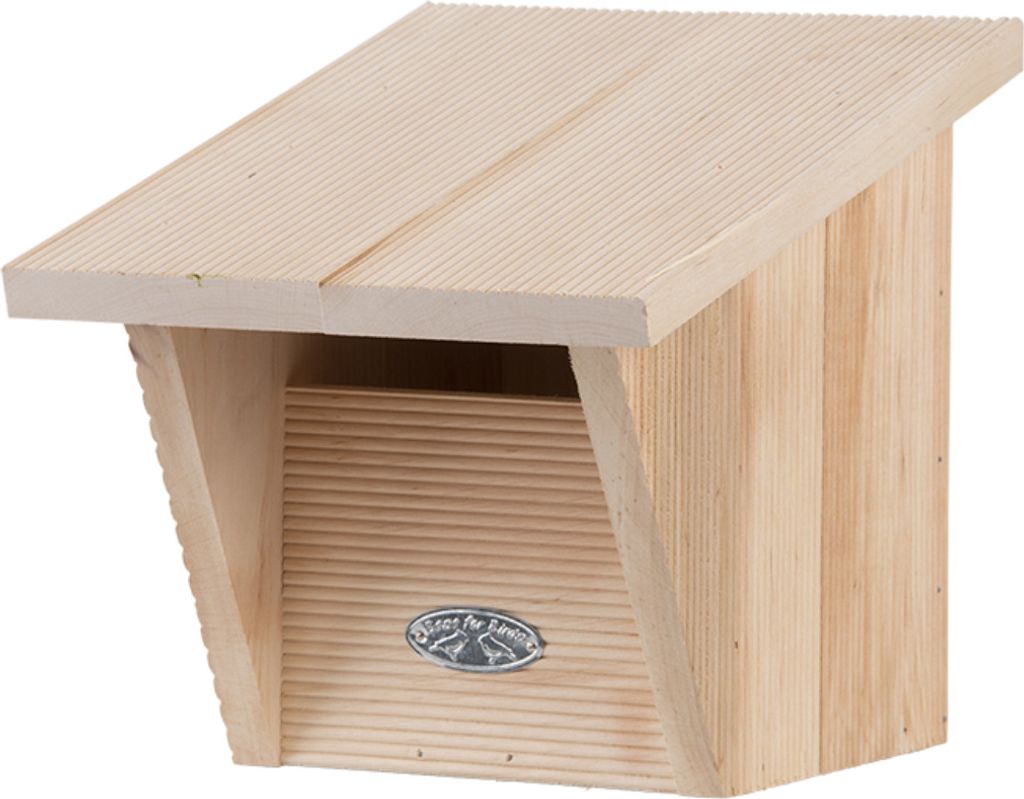 A wooden birdhouse mounted on a white background.